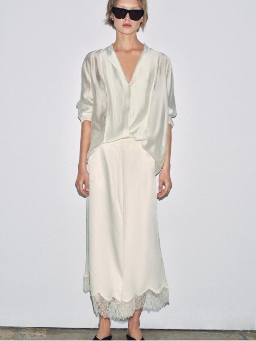 Zara Cream Lace-Trim Midi Skirt